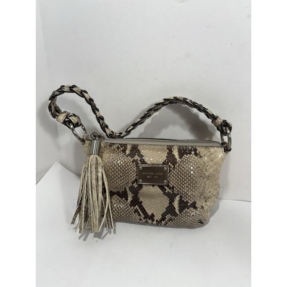 Michael Kors Beige Snakeskin Tasseled Shoulder Bag Astor Laced Grommets 10" W - Picture 2 of 11
